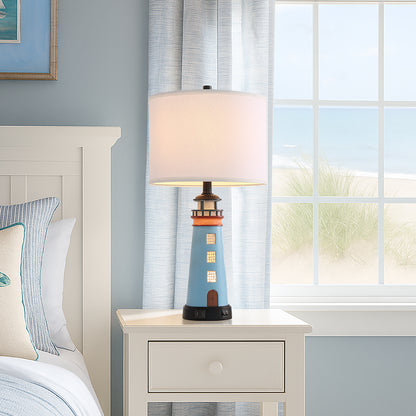 Set Of 2 Lighthouse Table Lamps With Night Light, Coastal Nautical Bedside Lamp With USB Ports & Free Bulbs, Blue Resin Base