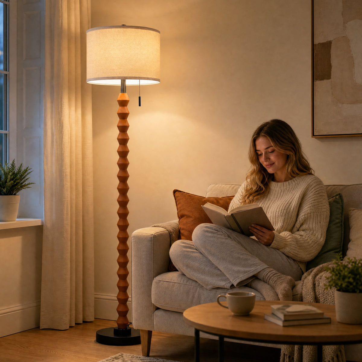 RORIA 65" Solid Wood Floor Lamp, With a Pull Chain Switch,Modern-Style Standing Lamp, for Living Room, Bedrooms, and Offices.