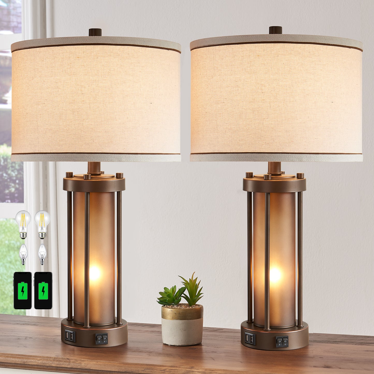 Bronze Table Lamp Set (Set of 2) w. USB Ports & Night Lights