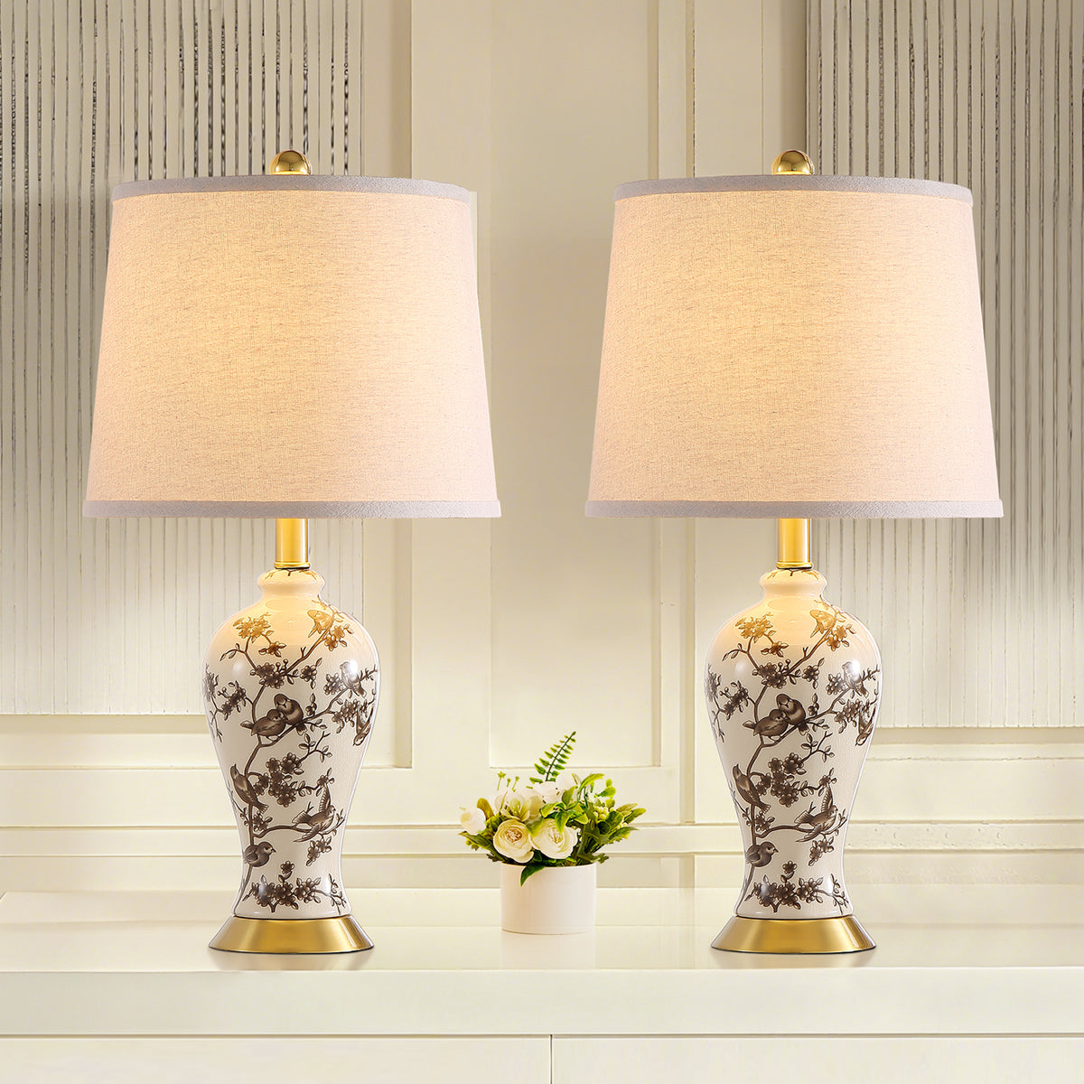 JUJUYUYOP 24"Classic Chinese-Style Ceramic Table Lamps Set of 2, Suitable for Bedside Tables, Living Rooms, and Entryways (Bulb Included)