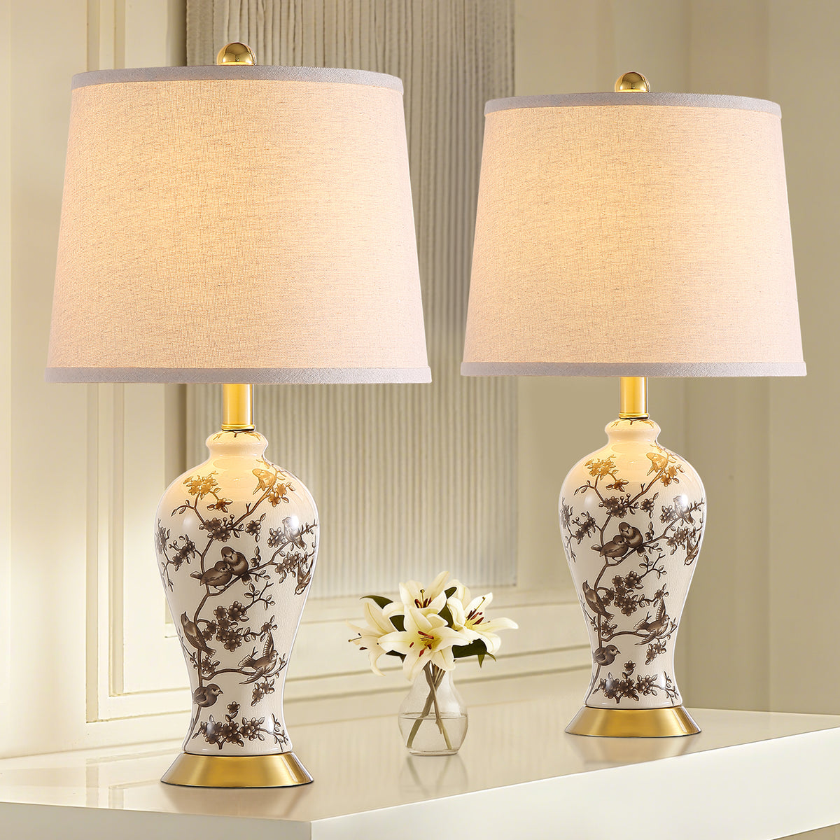 JUJUYUYOP 24"Classic Chinese-Style Ceramic Table Lamps Set of 2, Suitable for Bedside Tables, Living Rooms, and Entryways (Bulb Included)