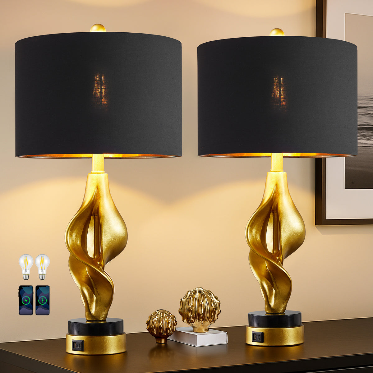 Rohopeto Living room Table Lamps Set of 2,25.5" ,Dual SUB Charging Ports,Rotary Switch,Rustic Farmhouse Style,Bedside Nightstand Lamps,Suitable for Home,Offices,  and Entryways,(Bulbs Included)