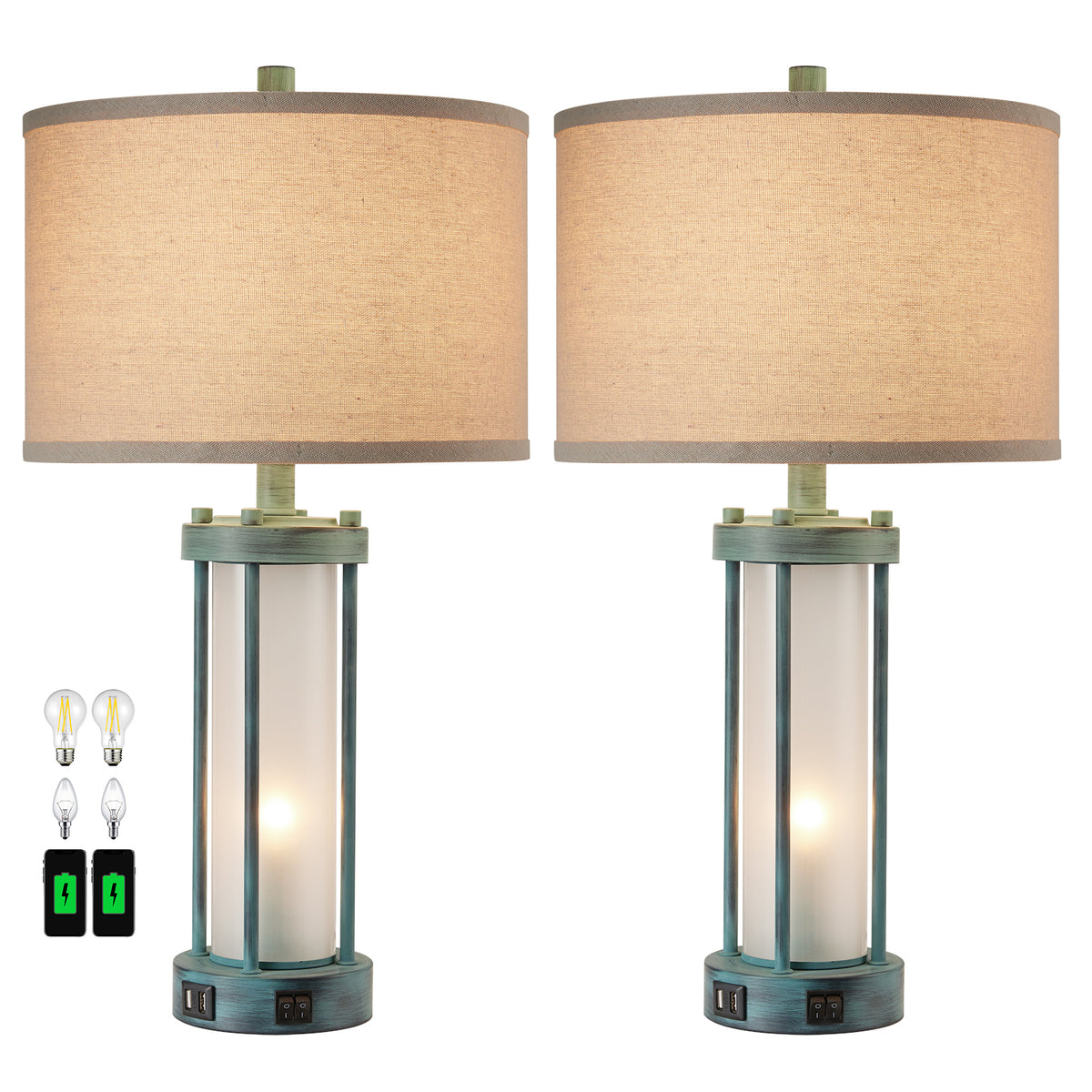 RORIA 24" Country-Style Table Lamps Set of 2, Featuring USB-C&A Ports, Metal Frame, and Glass Base, with Separate Night Light Function, for Bedrooms, Living room, and Offices.