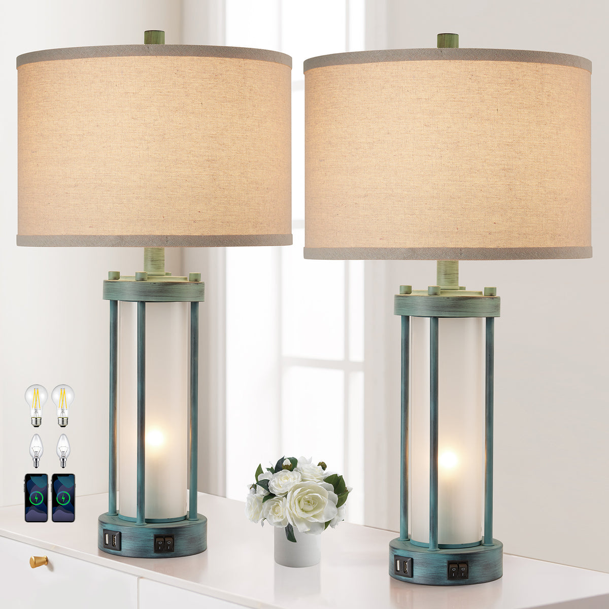 RORIA 24" Country-Style Table Lamps Set of 2, Featuring USB-C&A Ports, Metal Frame, and Glass Base, with Separate Night Light Function, for Bedrooms, Living room, and Offices.