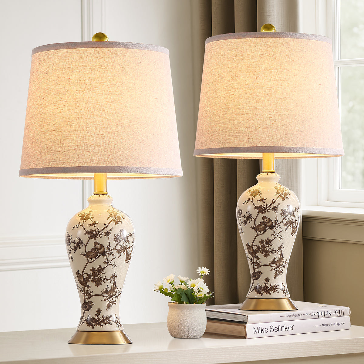 JUJUYUYOP 24"Classic Chinese-Style Ceramic Table Lamps Set of 2, Suitable for Bedside Tables, Living Rooms, and Entryways (Bulb Included)