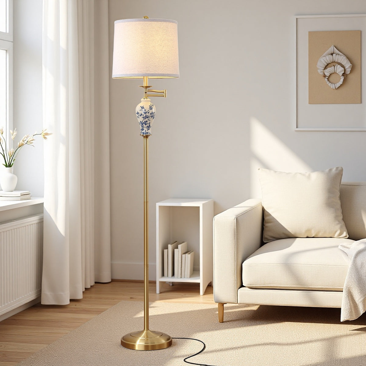 JUJUYUYOP 63" Floor lamp for the living room, with a 355° adjustable swivel arm and a linen shade; suitable for bedrooms, offices, and home offices (bulb included)