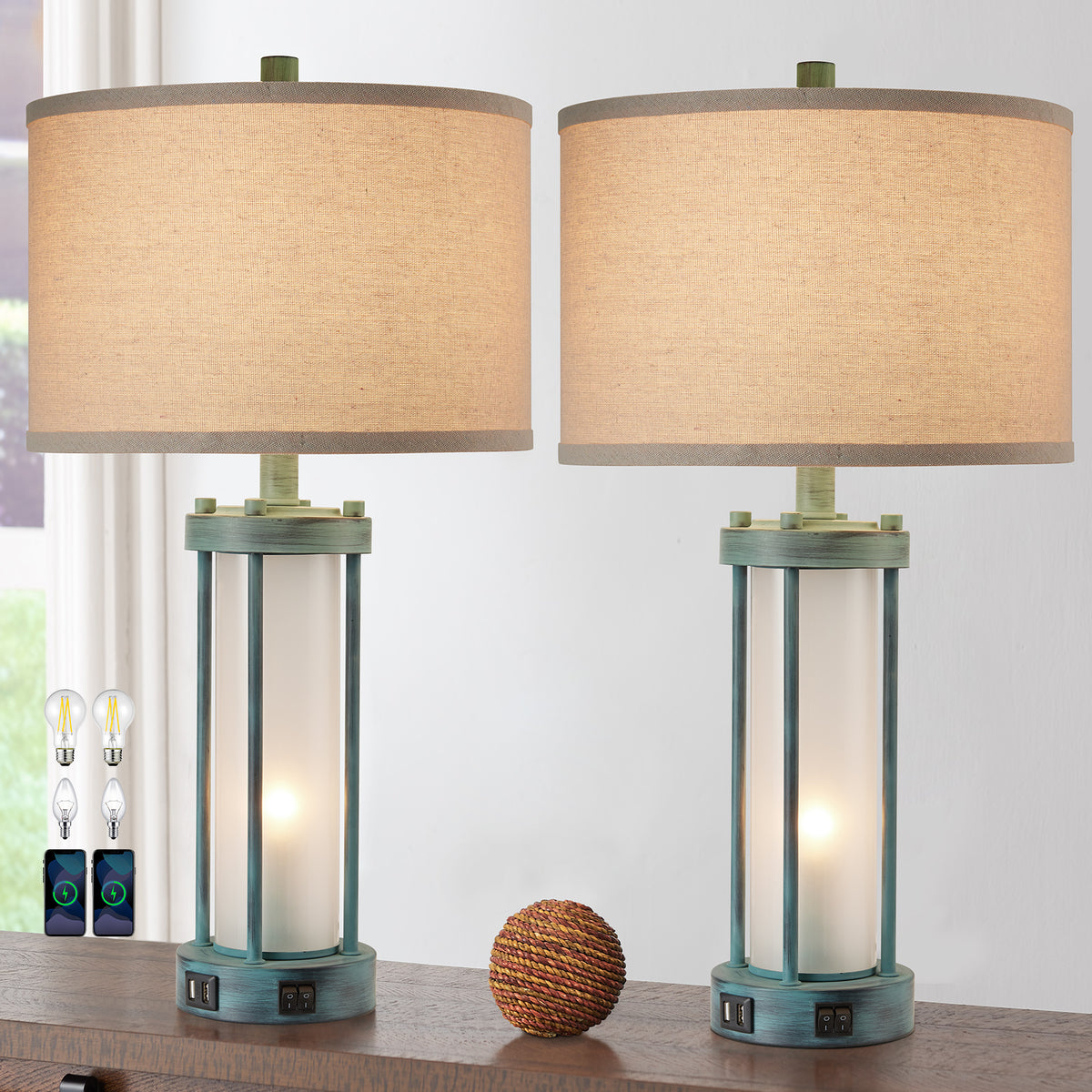 RORIA 24" Country-Style Table Lamps Set of 2, Featuring USB-C&A Ports, Metal Frame, and Glass Base, with Separate Night Light Function, for Bedrooms, Living room, and Offices.