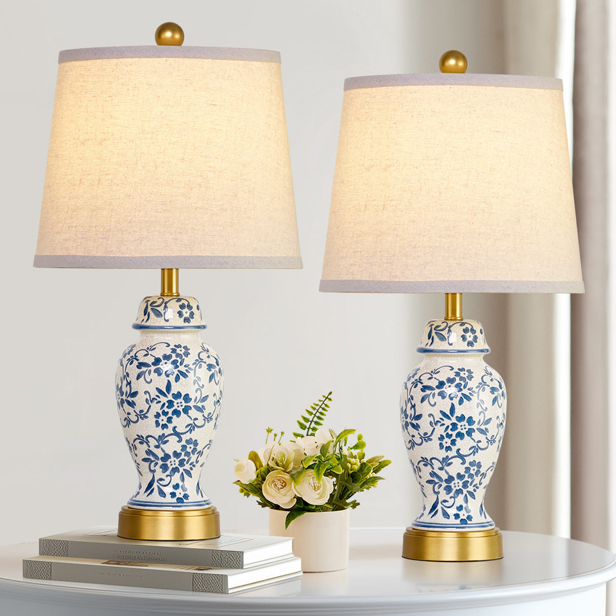 RORIA 22" Classic Blue and White Porcelain Table Lamps Set of 2, Rustic Farmhouse-Style Bedside Lamp, for Living Room or Bedroom Nightstand