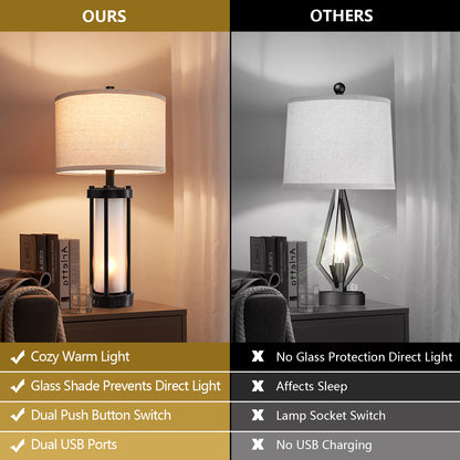 RORIA 24"Modern Living Room Table Lamps Set of 2, with Dual USB-C&A Charging Ports, Built-in Frosted White Glass Night Light, Black Retro Country Farmhouse Style, for Bedroom Bedside Lamps