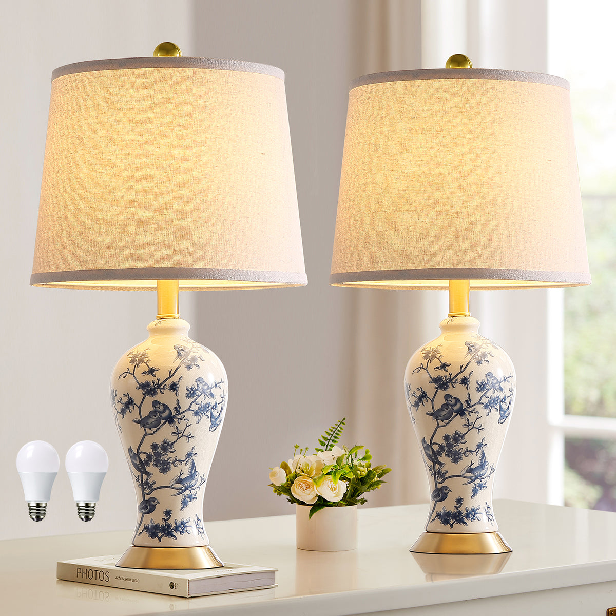 JUJUYUYOP 24"Traditional Chinese Blue-and-White Porcelain Table Lamps Set of 2, Suitable for Bedside Tables, Living Rooms, and Entryways (Bulb Included)