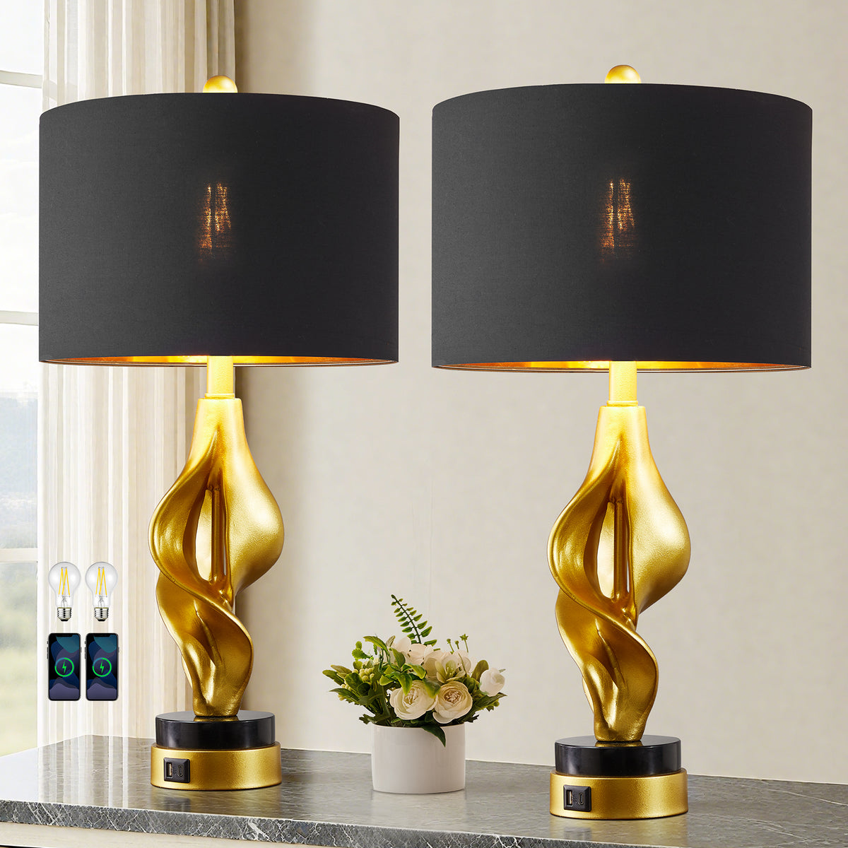 Rohopeto Living room Table Lamps Set of 2,25.5" ,Dual SUB Charging Ports,Rotary Switch,Rustic Farmhouse Style,Bedside Nightstand Lamps,Suitable for Home,Offices,  and Entryways,(Bulbs Included)