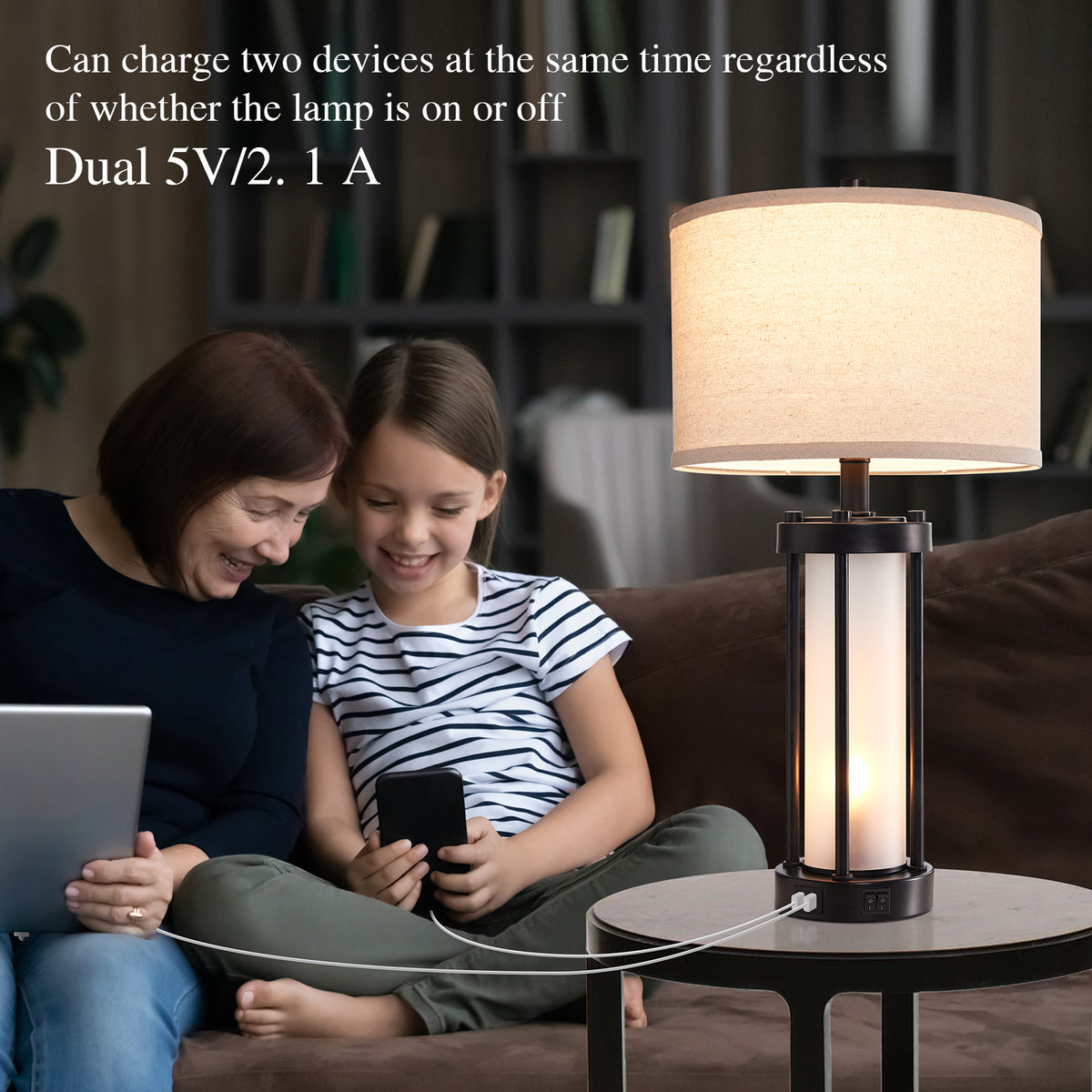 RORIA 24"Modern Living Room Table Lamps Set of 2, with Dual USB-C&A Charging Ports, Built-in Frosted White Glass Night Light, Black Retro Country Farmhouse Style, for Bedroom Bedside Lamps