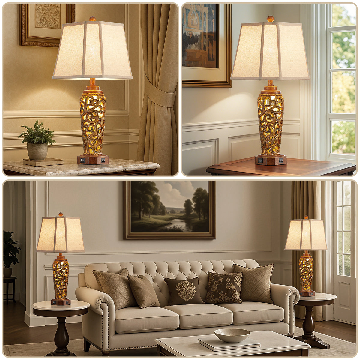 JUJUYUYOP 27" Living Room Farmhouse Table Lamps Set of 2 with Dual USB Ports Red-Brown Resin Vintage Bedside Table Lamp ，Suitable for entryways and offices (bulb included)