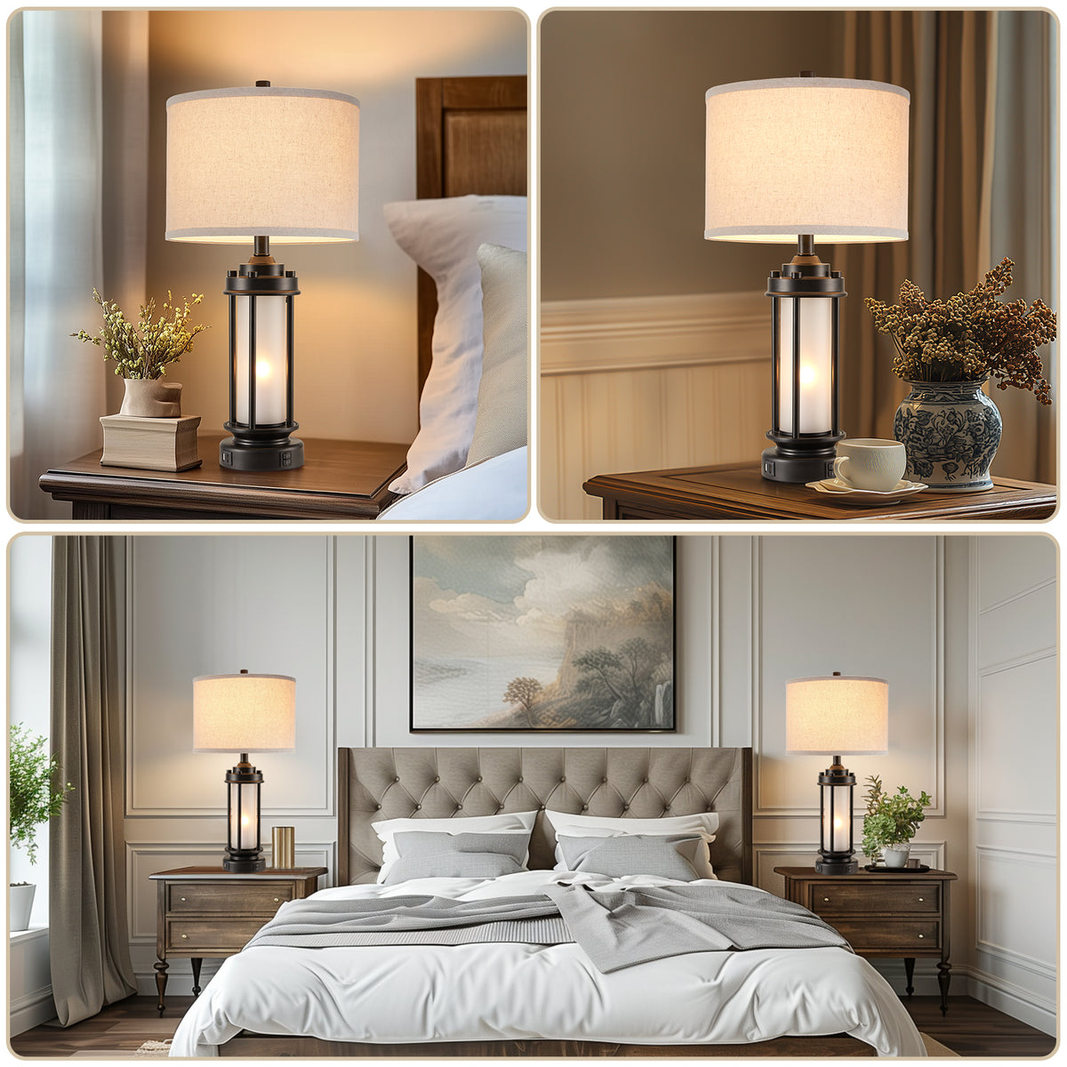 JUJUYUYOP 25" Rustic Living Room Farmhouse Table Lamp Set of 2, Featuring Dual Usb Charging Ports and Night Light Function, Ideal for Living Rooms or Bedside Tables in Bedrooms (Bulb Included)