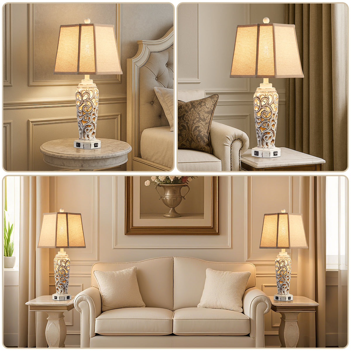 JUJUYUYOP 27" White Rustic Farmhouse Style Living Room Table Lamps Set of 2, Dual USB Charging Ports Ideal for Nightstands (Bulbs Included)