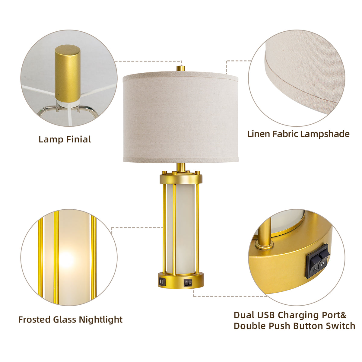 RORIA Set of 2 24" Gold Table Lamps with USB-C+A Ports, Metal & Glass Base with lndependent Night Light, for Bedroom Living Room