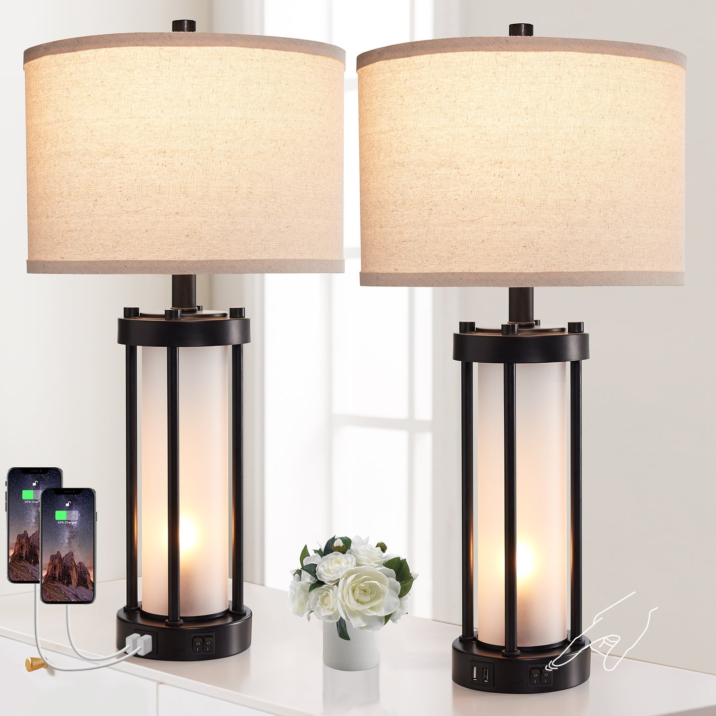 Black Framed Table Lamp Set (Set of 2) w. USB Ports & Night Lights