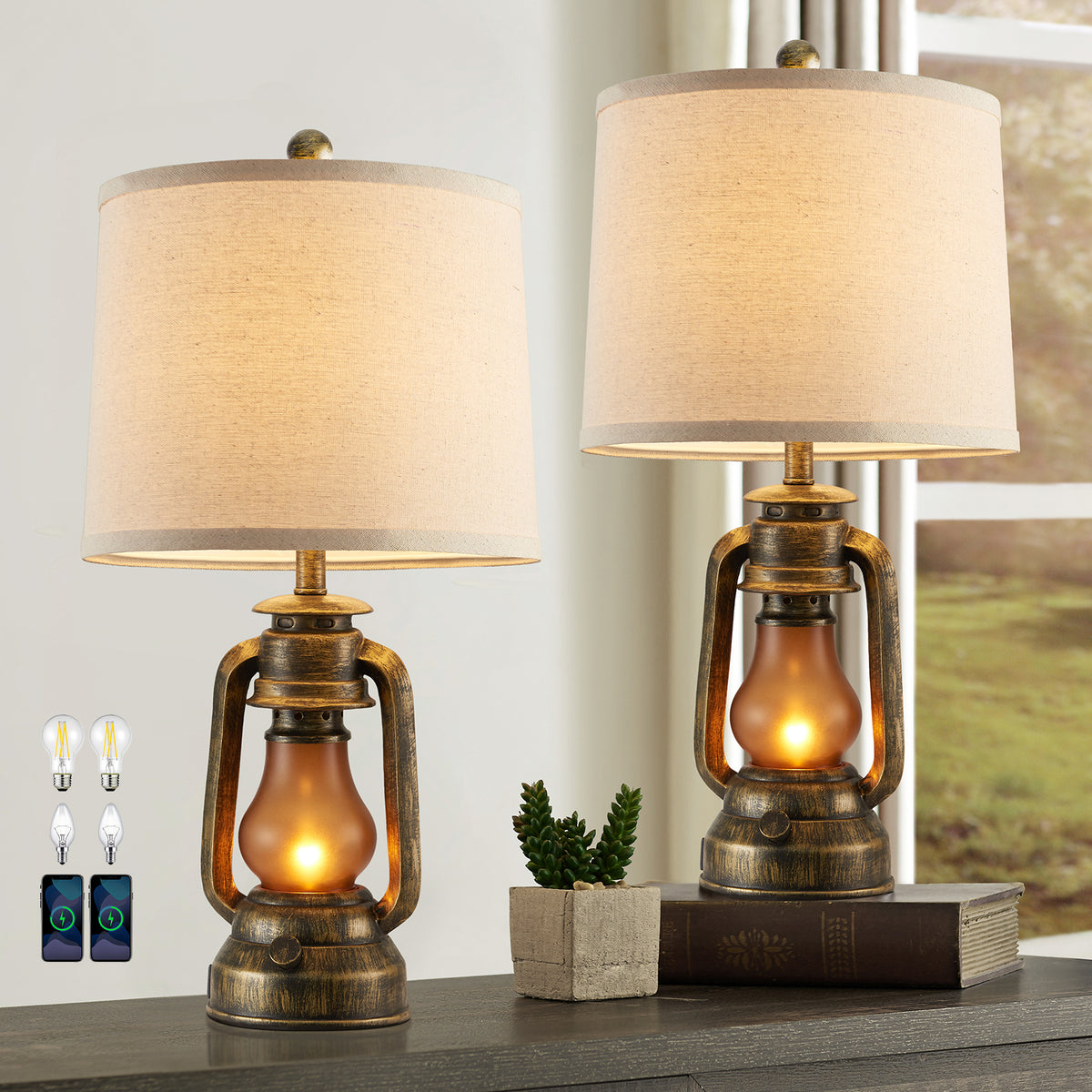 JUJUYUYOP 22" Farmhouse Rustic Lantern Table Lamps Set of 2, Featuring Dual USB Charging Ports, for Living Room, Bedrooms, and Study Areas, Includes 4 Bulbs
