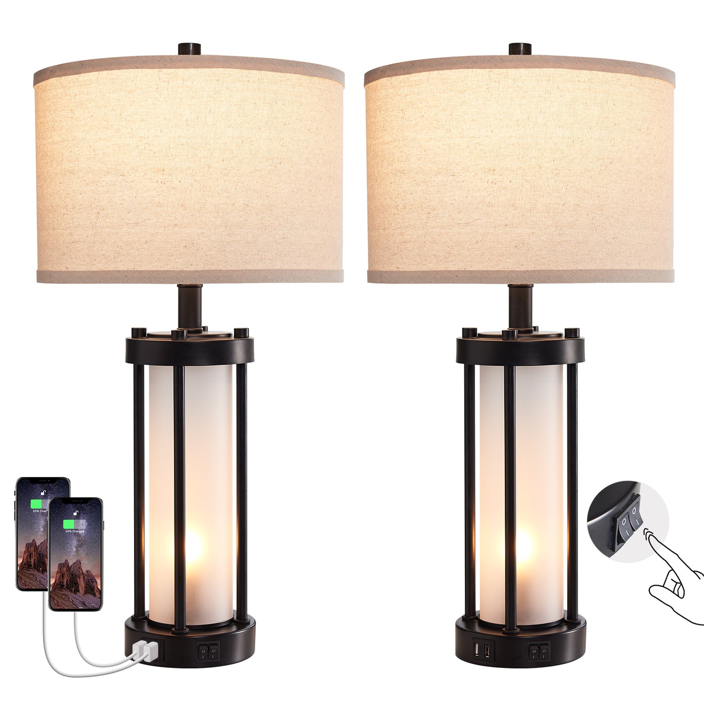 Black Framed Table Lamp Set (Set of 2) w. USB Ports & Night Lights