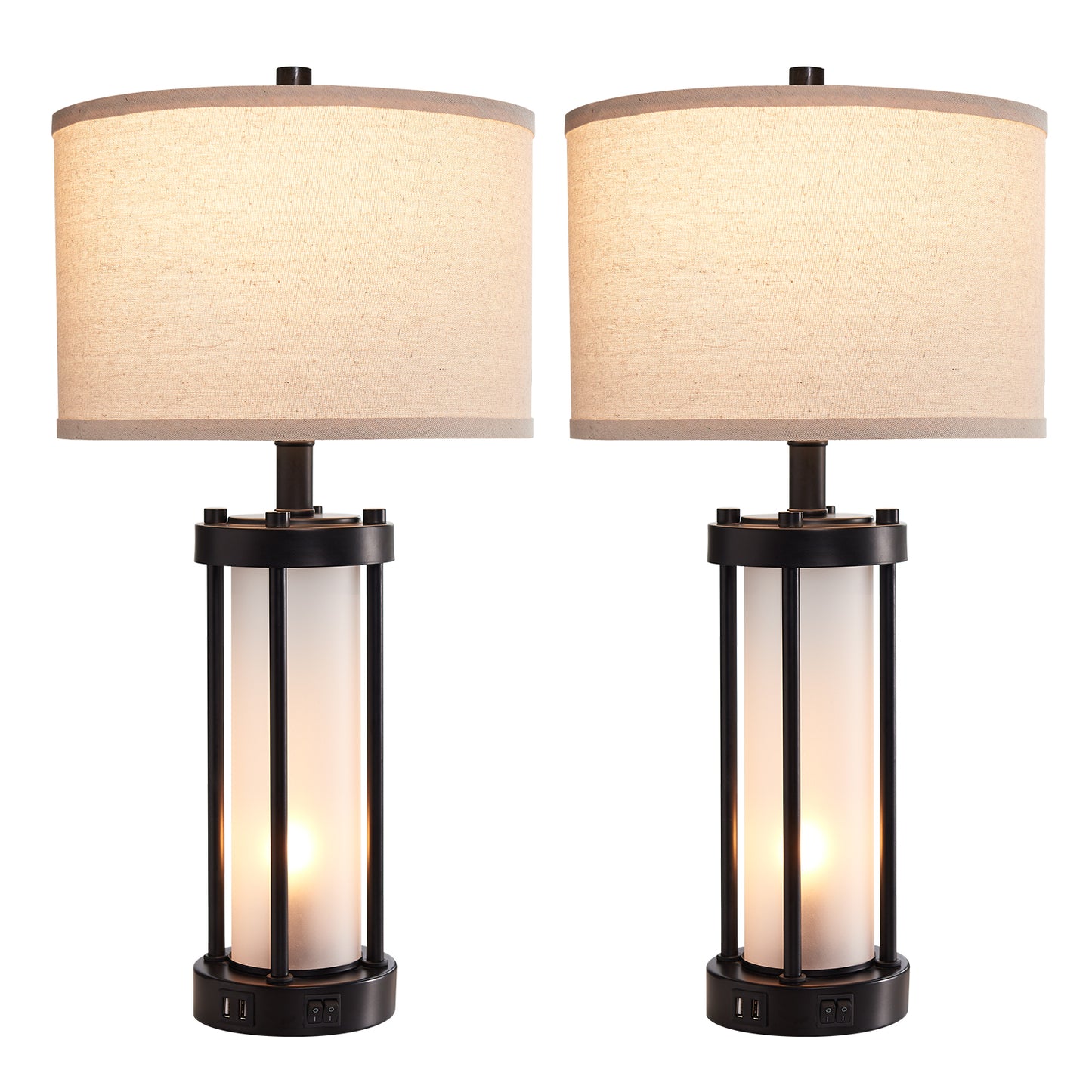 Black Framed Table Lamp Set (Set of 2) w. USB Ports & Night Lights