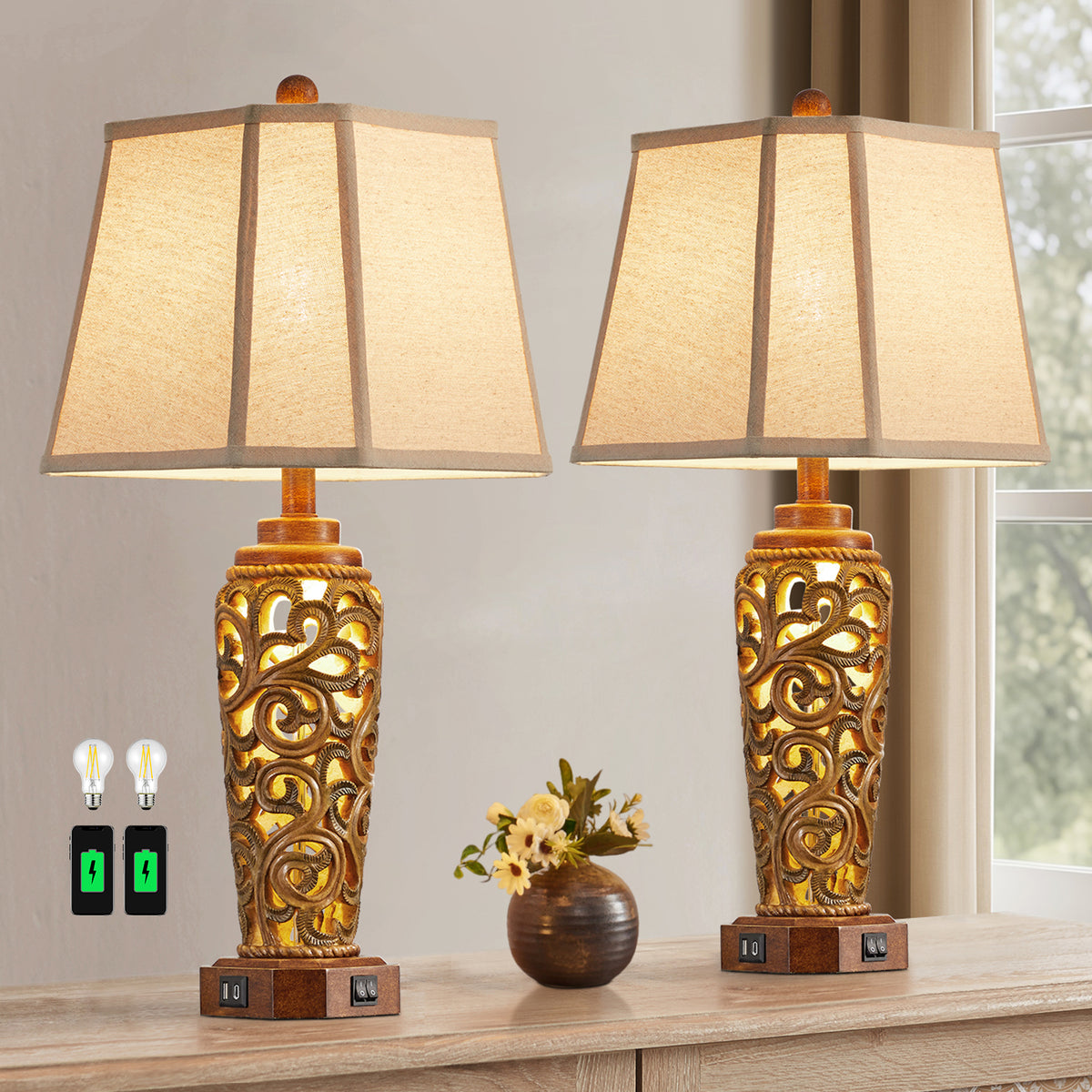 JUJUYUYOP 27" Living Room Farmhouse Table Lamps Set of 2 with Dual USB Ports Red-Brown Resin Vintage Bedside Table Lamp ，Suitable for entryways and offices (bulb included)