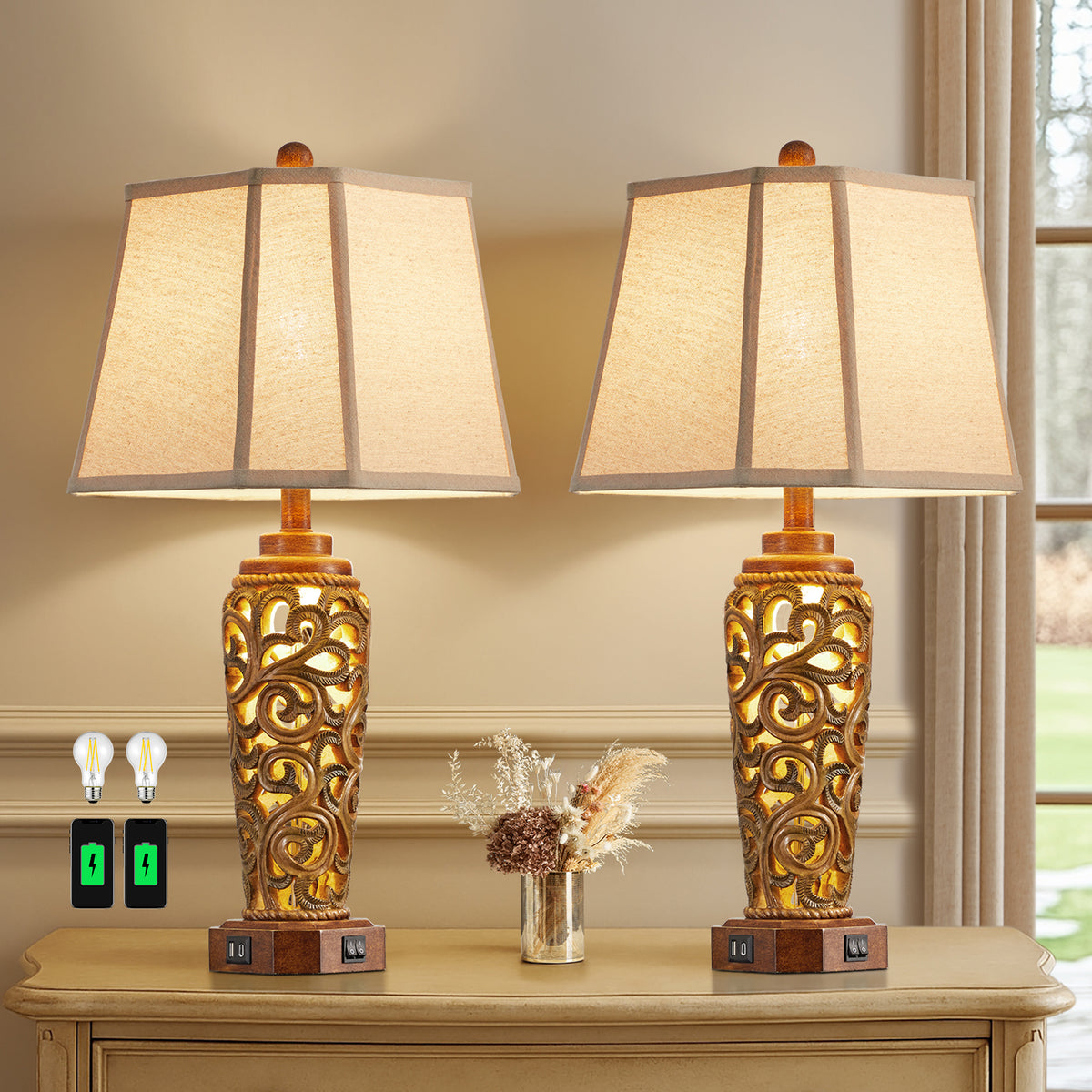 JUJUYUYOP 27" Living Room Farmhouse Table Lamps Set of 2 with Dual USB Ports Red-Brown Resin Vintage Bedside Table Lamp ，Suitable for entryways and offices (bulb included)
