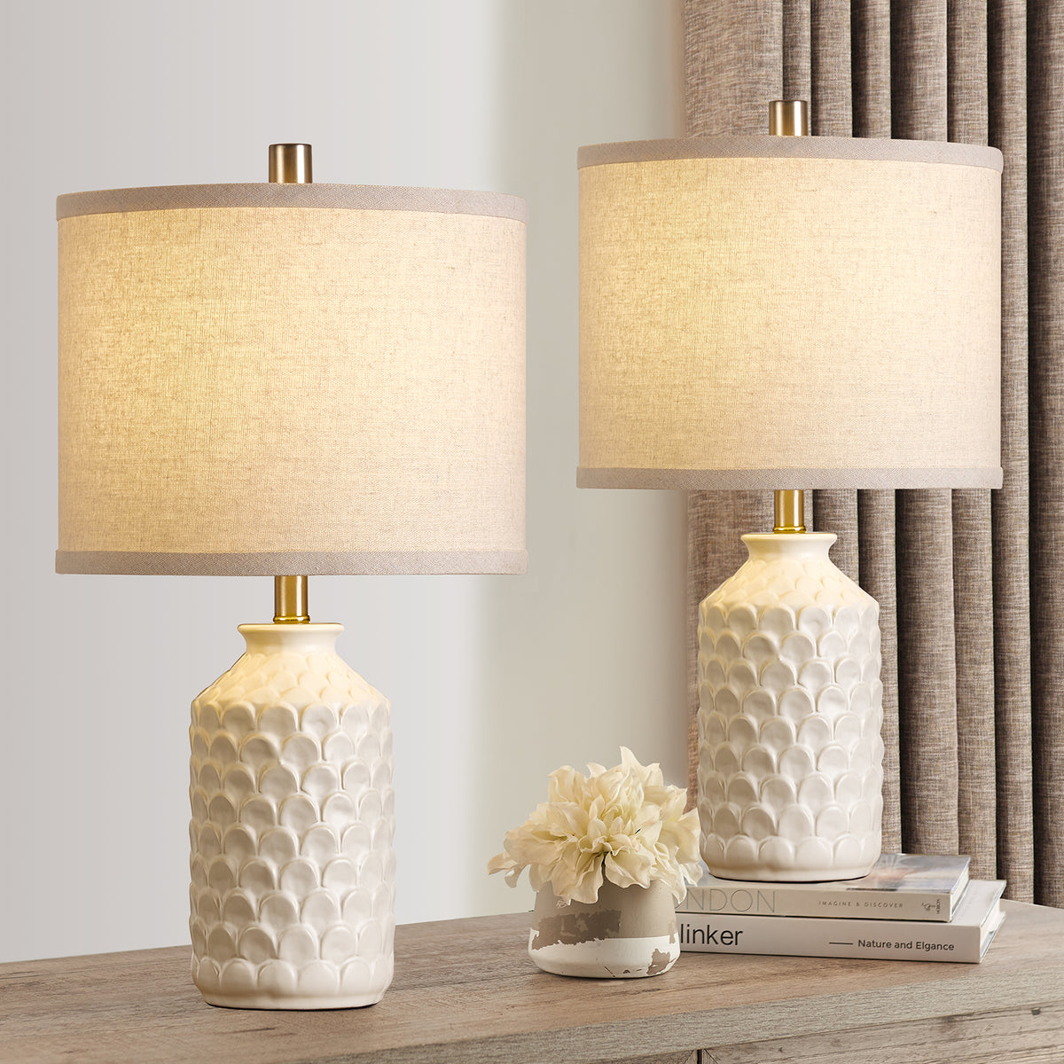RORIA 21” Ceramic Table Lamps Set of 2,Modern White Bedside Lamps,for the Living Room or Bedroom Nightstands (Bulbs Included)