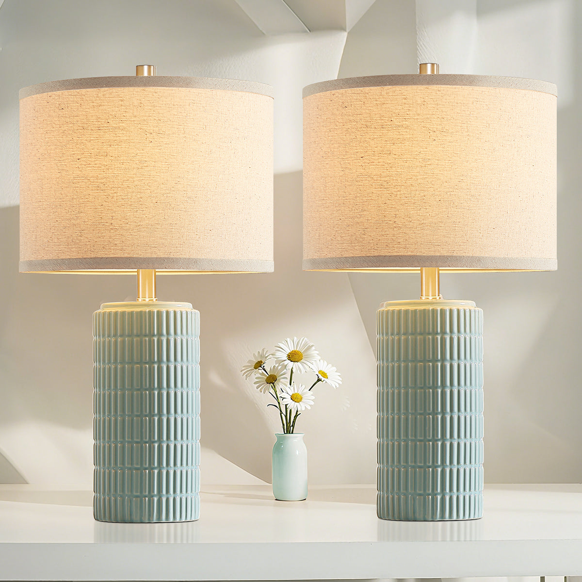 RORIA 23" Light Blue Table Lamps Set of 2, Modern Ceramic Bedside Lamps,with Round Linen Shades, for Bedrooms, Living Room, and Offices.