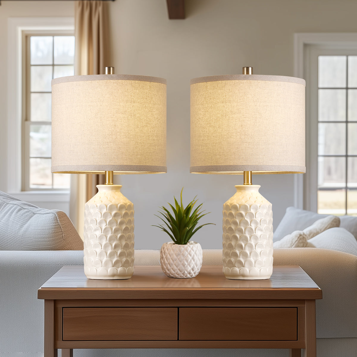 RORIA 21” Ceramic Table Lamps Set of 2,Modern White Bedside Lamps,for the Living Room or Bedroom Nightstands (Bulbs Included)
