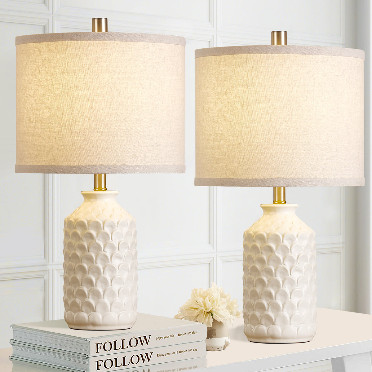 RORIA 21” Ceramic Table Lamps Set of 2,Modern White Bedside Lamps,for the Living Room or Bedroom Nightstands (Bulbs Included)