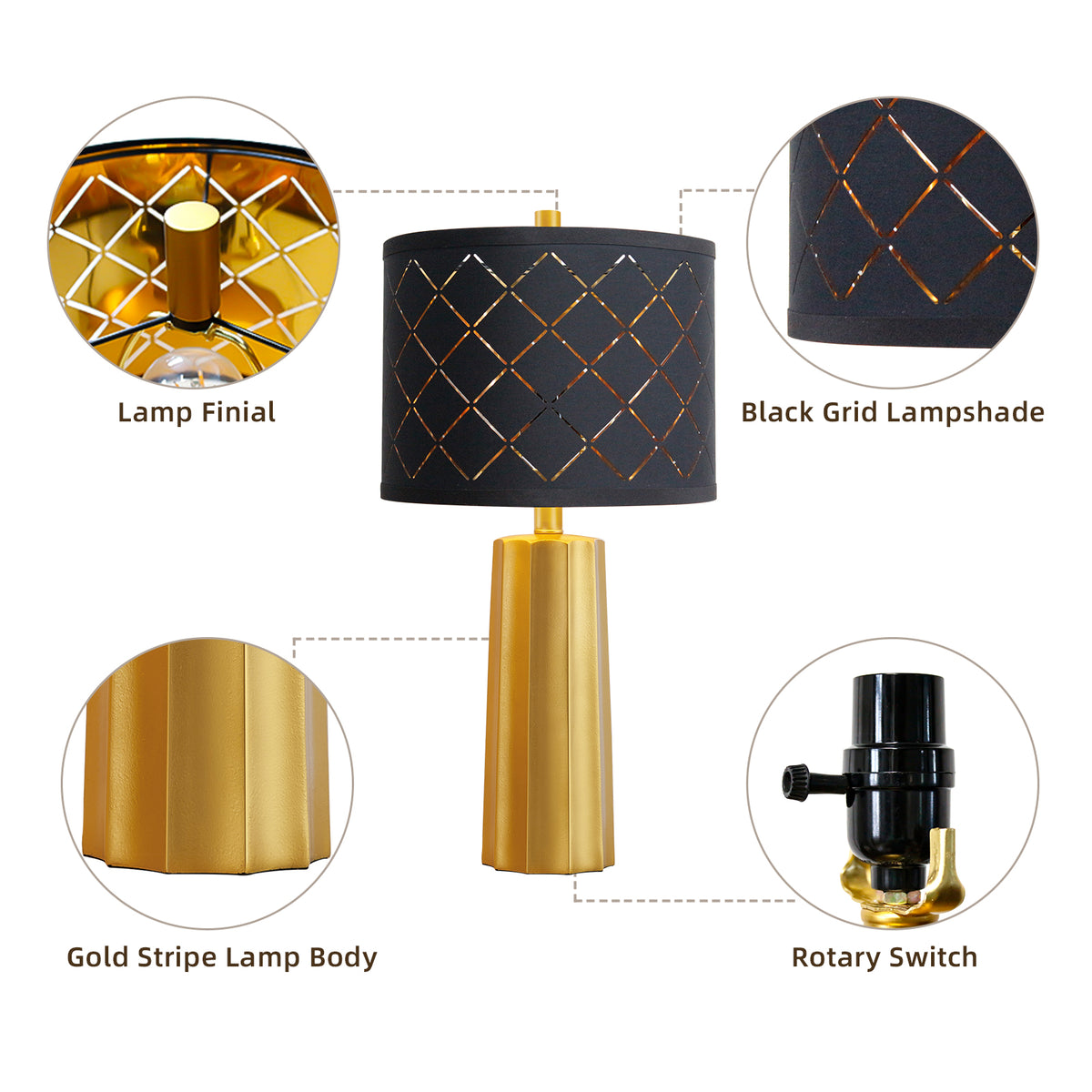 RORIA 24"Modern Table Lamps Set of 2, Gold Rustic Bedside Lamp with Black Mesh Shade for Living Room, Bedroom, Nightstand, Coffee Table (Includes 2 Bulbs)