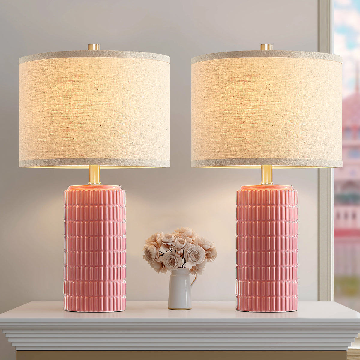 RORIA 23" Pink Ceramic Table Lamps Set of 2, with Linen Bell-Shaped Shade, Modern-Style Bedside Lamp, for Bedrooms and Living Room, Bulb Included