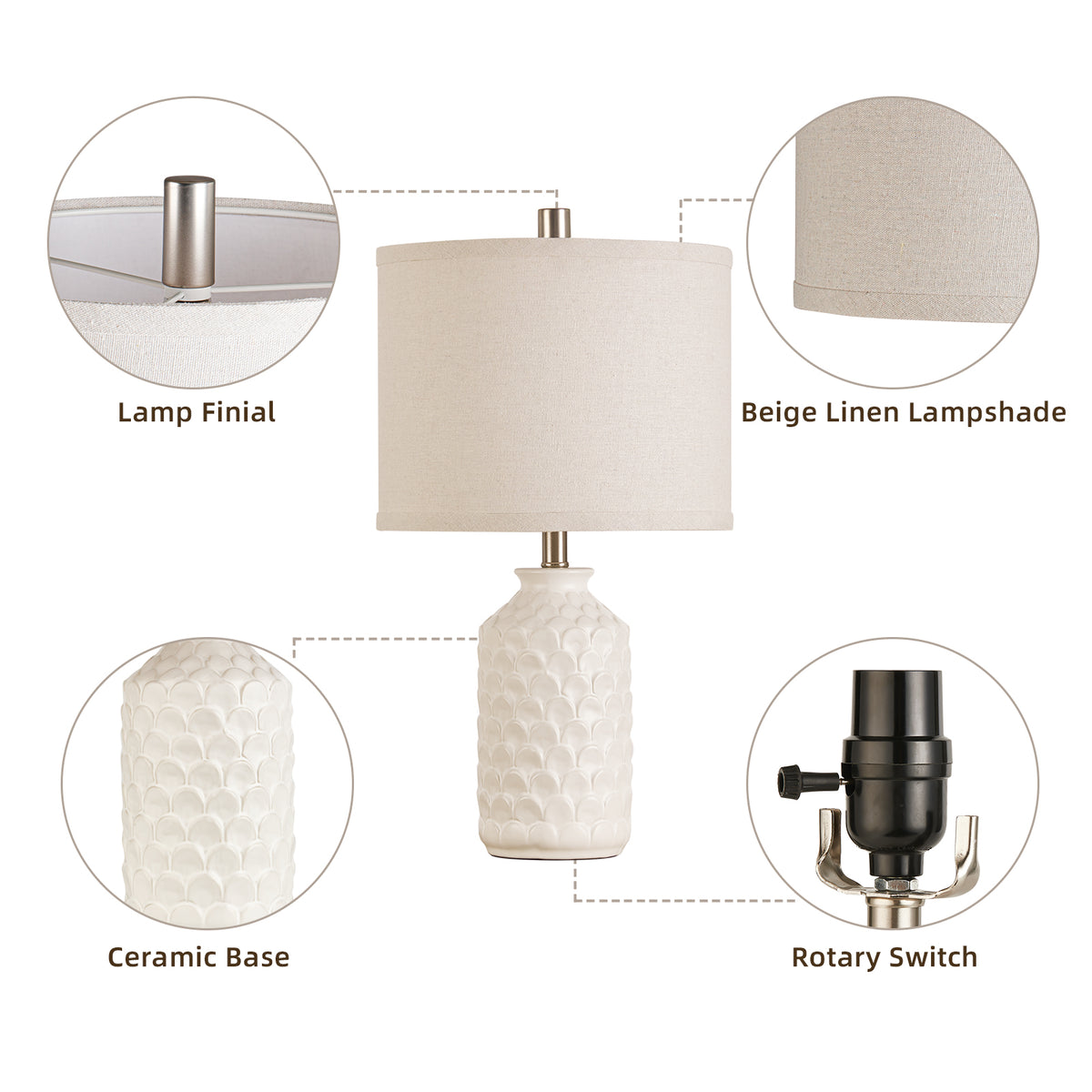 RORIA 21” Ceramic Table Lamps Set of 2,Modern White Bedside Lamps,for the Living Room or Bedroom Nightstands (Bulbs Included)