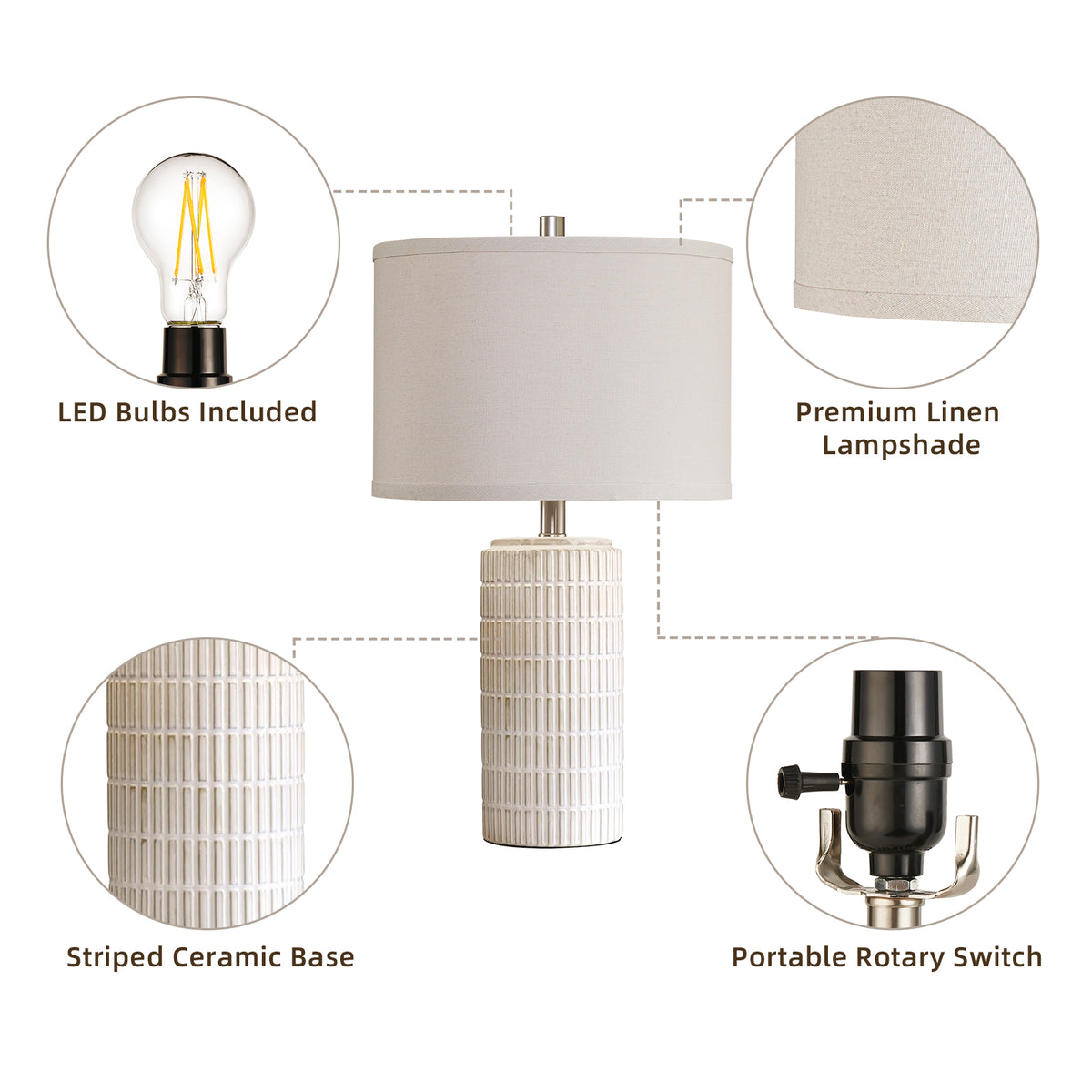 RORIA 23” White Ceramic Table Lamps Set of 2, Modern Style Bedside Lamps,for Bedrooms, Living Rooms, and Offices