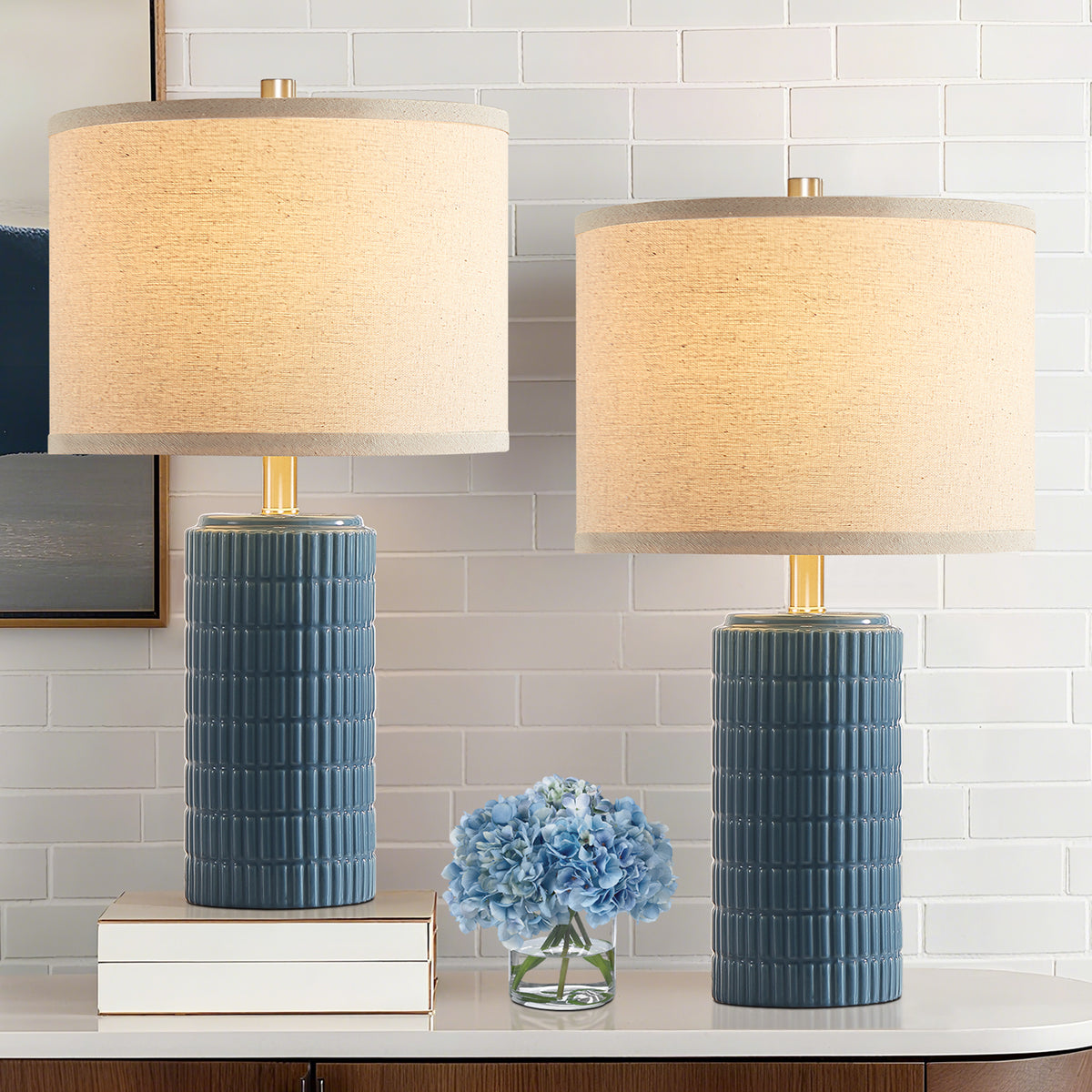 RORIA 23” Blue Ceramic Table Lamps Set of 2 for Bedrooms and Living Room with a Linen Bell-Shaped Shade Modern-Style Bedside Lamp