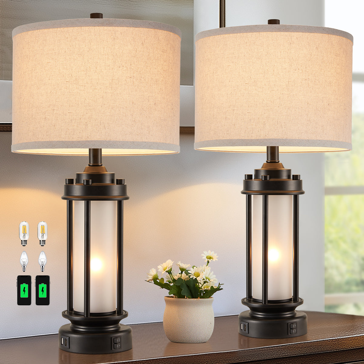 JUJUYUYOP 25" Rustic Living Room Farmhouse Table Lamp Set of 2, Featuring Dual Usb Charging Ports and Night Light Function, Ideal for Living Rooms or Bedside Tables in Bedrooms (Bulb Included)