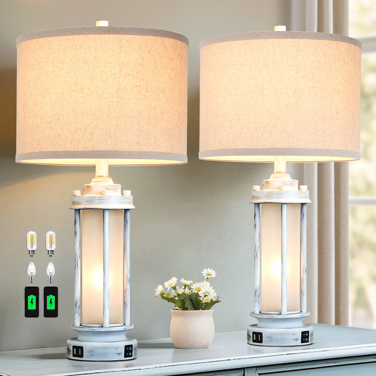 JUJUYUYOP 25"Modern Farmhouse-Style Living Room Table Lamps Set of 2, with Dual USB Charging Ports and Night Light, Ideal for Bedroom Nightstands and Entryways (Bulbs Included)