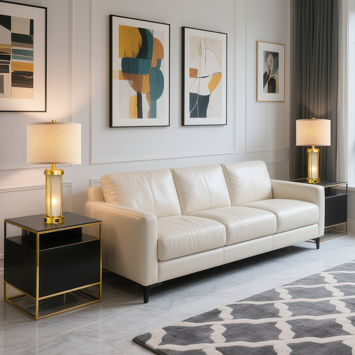 RORIA Set of 2 24" Gold Table Lamps with USB-C+A Ports, Metal & Glass Base with lndependent Night Light, for Bedroom Living Room