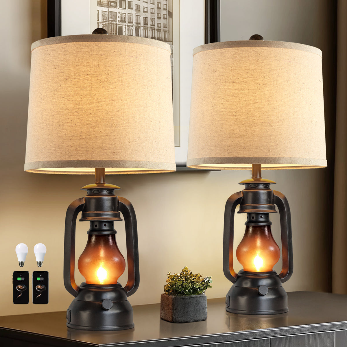 JUJUYUYOP 22" Farmhouse Lantern Table Lamps Set of 2 with Dual USB Charging Ports, for Living Room and Bedrooms, Includes 4 Bulbs
