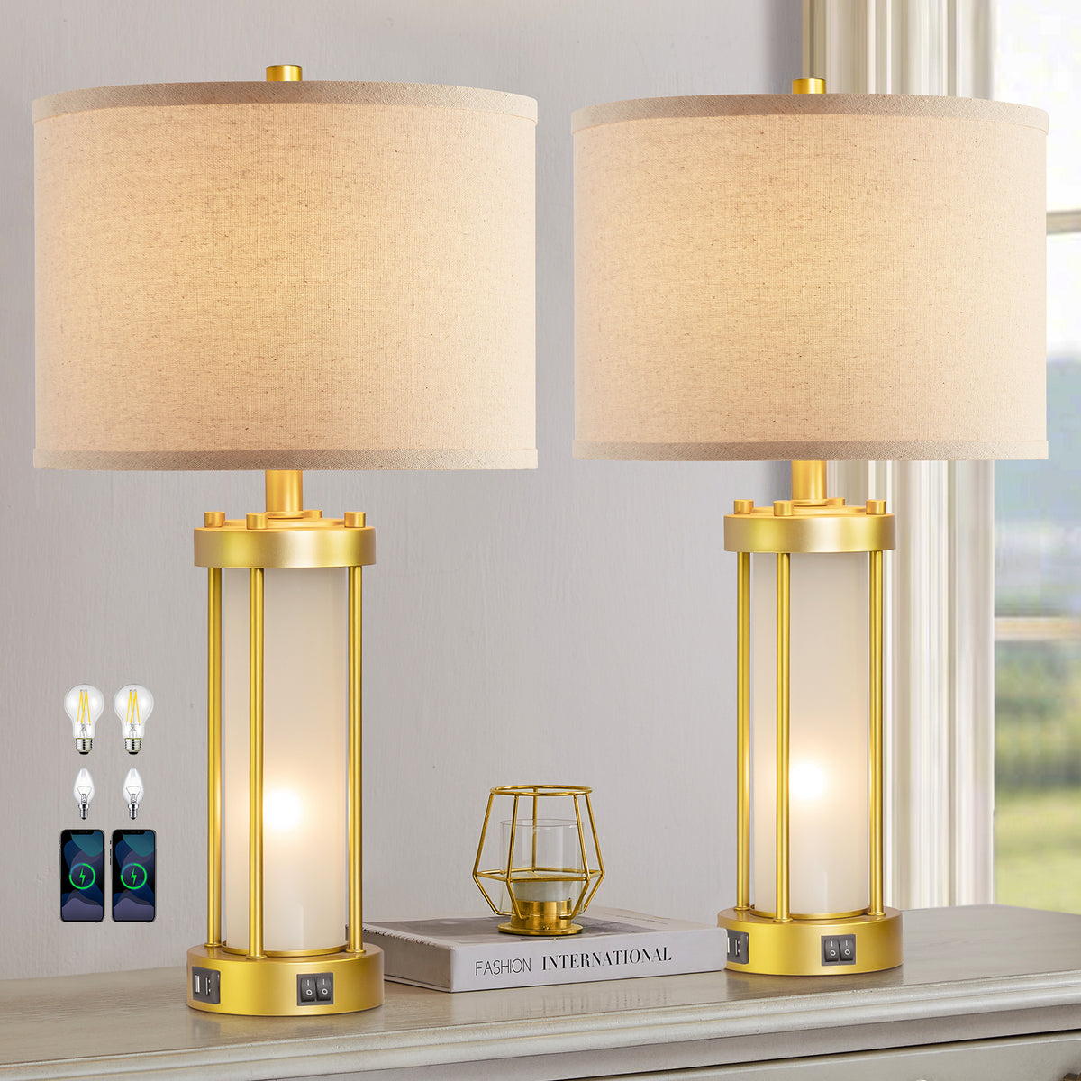RORIA Set of 2 24" Gold Table Lamps with USB-C+A Ports, Metal & Glass Base with lndependent Night Light, for Bedroom Living Room