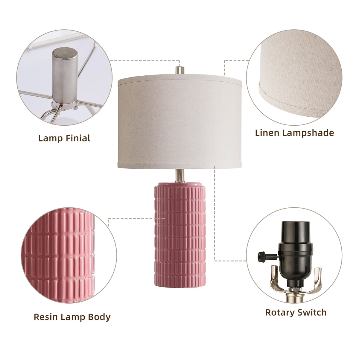 RORIA 23" Pink Ceramic Table Lamps Set of 2, with Linen Bell-Shaped Shade, Modern-Style Bedside Lamp, for Bedrooms and Living Room, Bulb Included