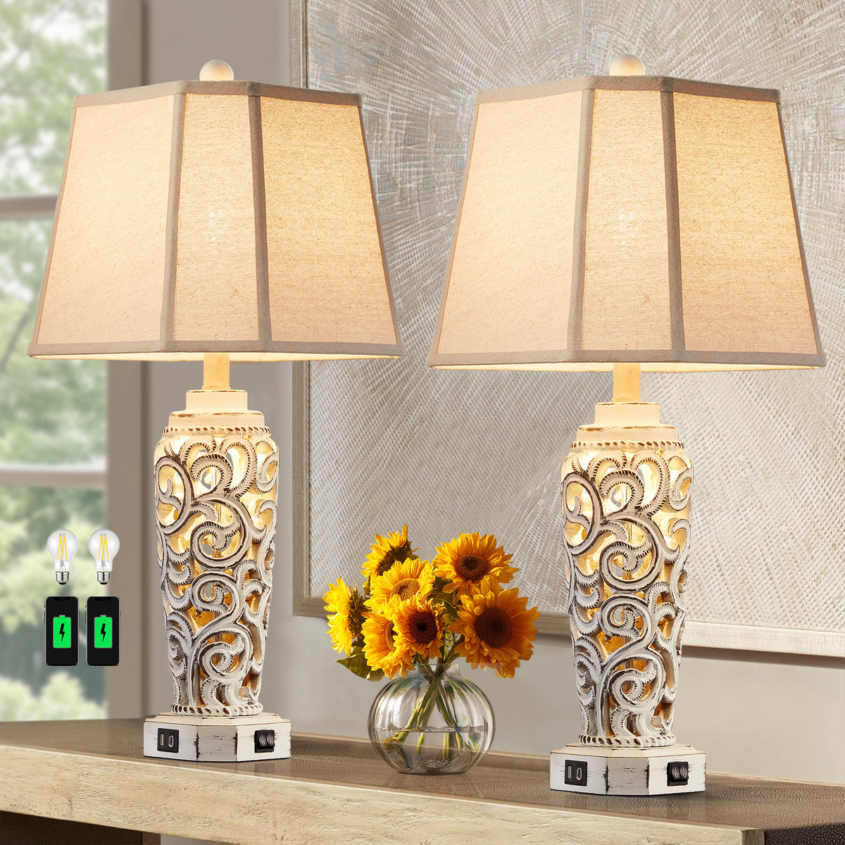 JUJUYUYOP 27" White Rustic Farmhouse Style Living Room Table Lamps Set of 2, Dual USB Charging Ports Ideal for Nightstands (Bulbs Included)