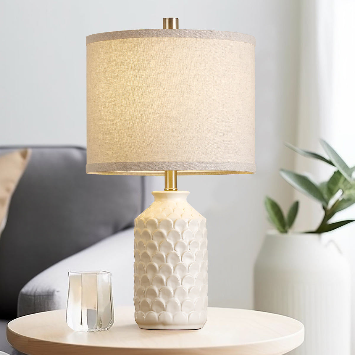 RORIA 21” Ceramic Table Lamps Set of 2,Modern White Bedside Lamps,for the Living Room or Bedroom Nightstands (Bulbs Included)