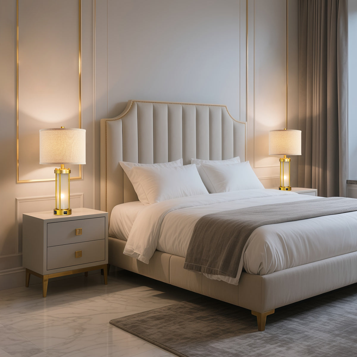 RORIA Set of 2 24" Gold Table Lamps with USB-C+A Ports, Metal & Glass Base with lndependent Night Light, for Bedroom Living Room