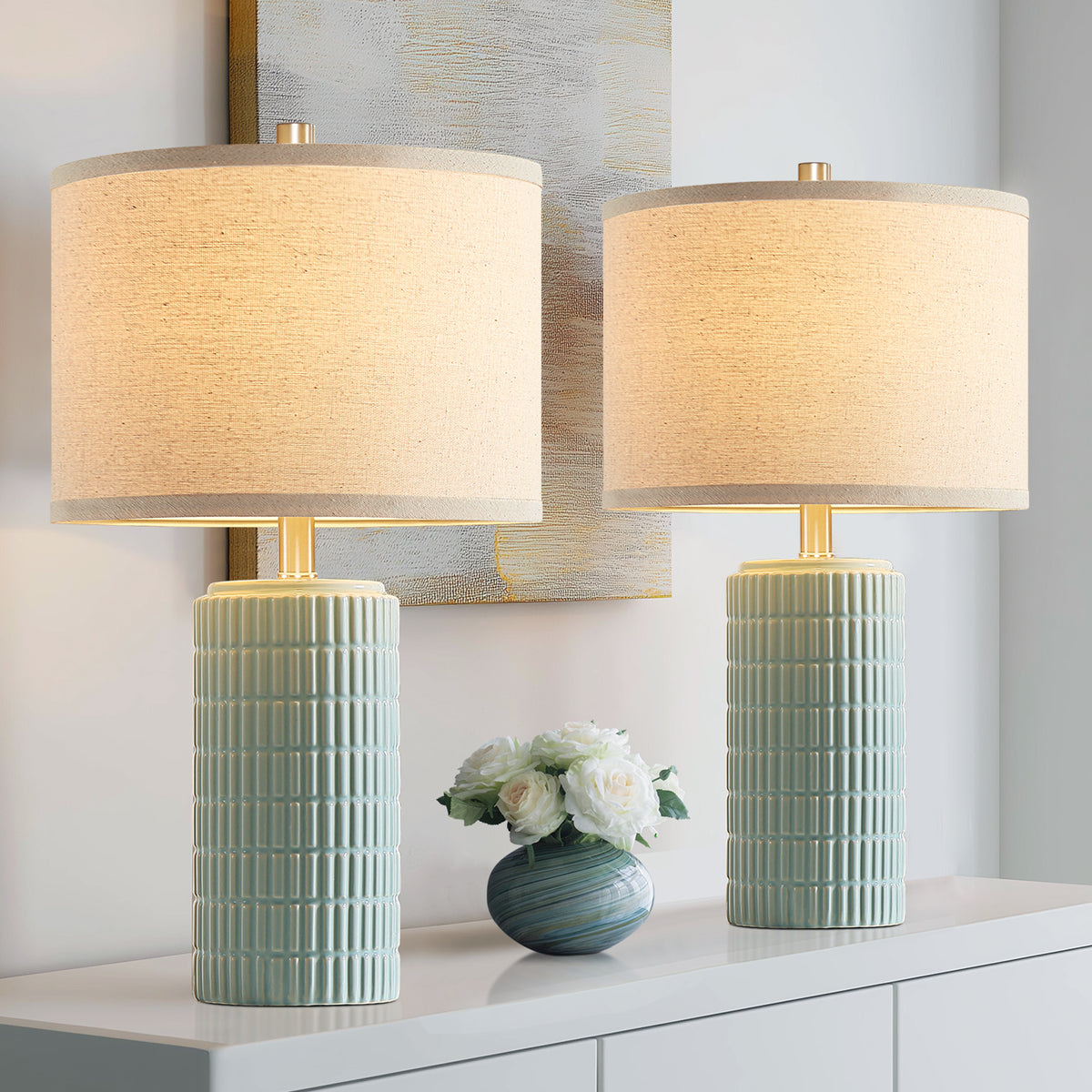 RORIA 23" Light Blue Table Lamps Set of 2, Modern Ceramic Bedside Lamps,with Round Linen Shades, for Bedrooms, Living Room, and Offices.