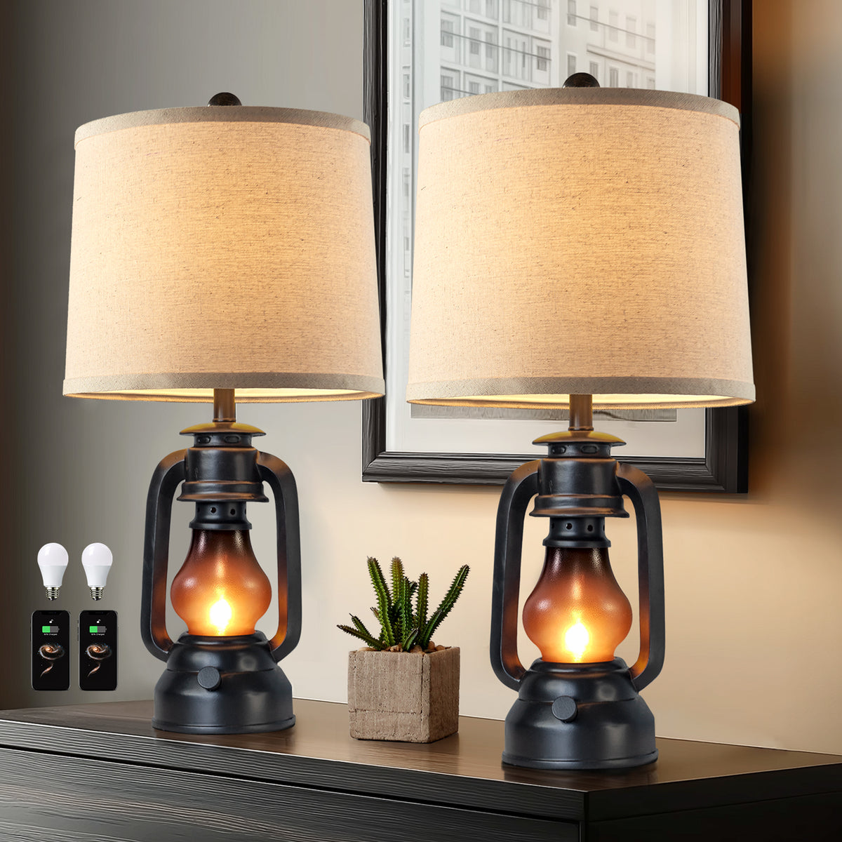 JUJUYUYOP 22" Farmhouse Lantern Table Lamps Set of 2 with Dual USB Charging Ports, for Living Room and Bedrooms, Includes 4 Bulbs