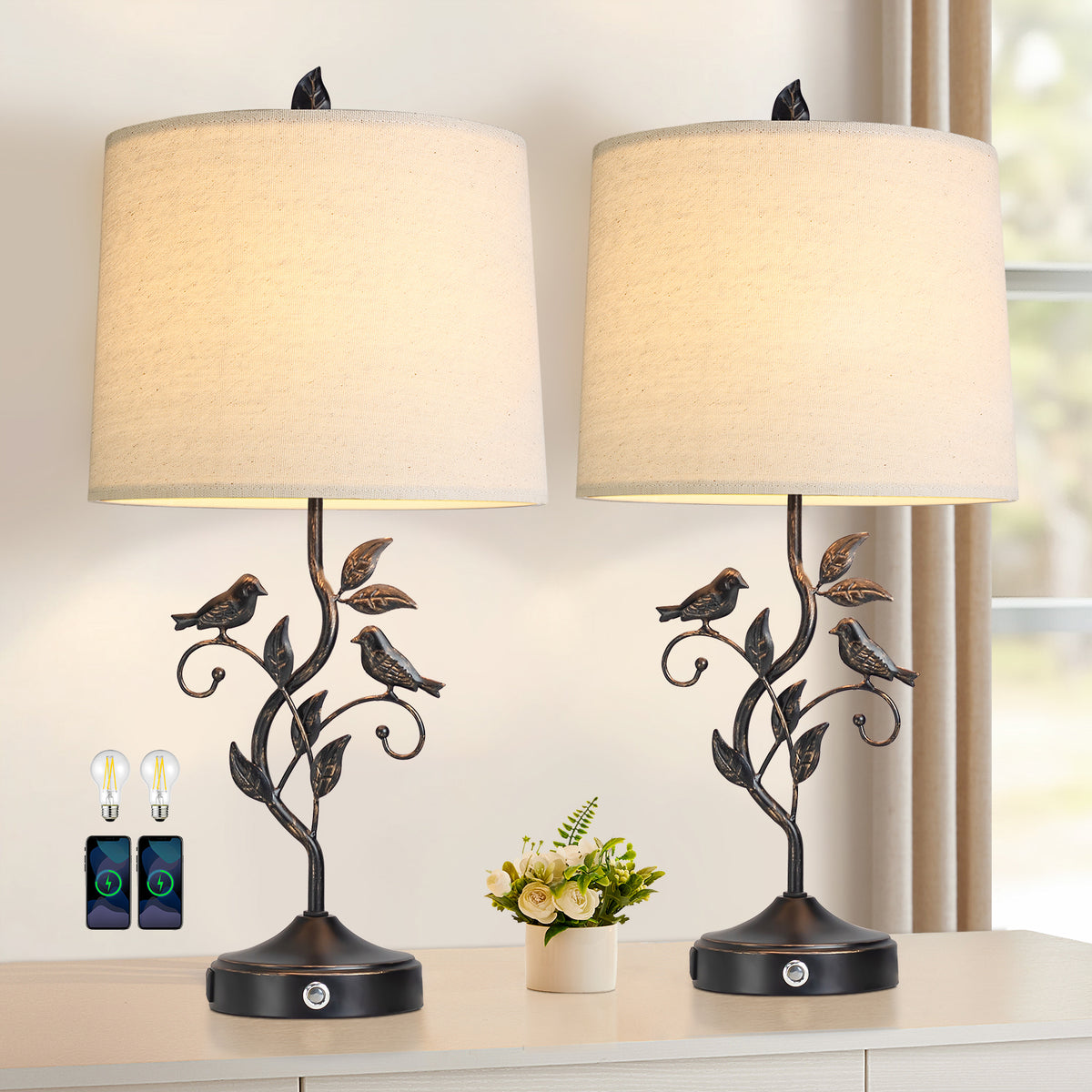 JUJUYUYOP 27"Three-Level Dimmable Touch-Control Table Lamps Set of 2, Features two USB charging ports，Rustic Farmhouse Style， for Living Room and Bedrooms