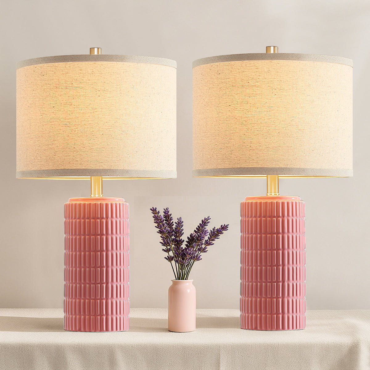 RORIA 23" Pink Ceramic Table Lamps Set of 2, with Linen Bell-Shaped Shade, Modern-Style Bedside Lamp, for Bedrooms and Living Room, Bulb Included