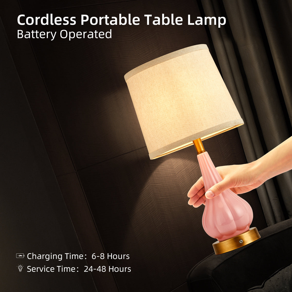 RORIA 18"Pink Ceramic Table Lamps Set of 2, Powered By a 5000mAh Rechargeable Battery, With Touch Controlled Dimming, Suitable for Living Rooms, Bedrooms, and Nightstands