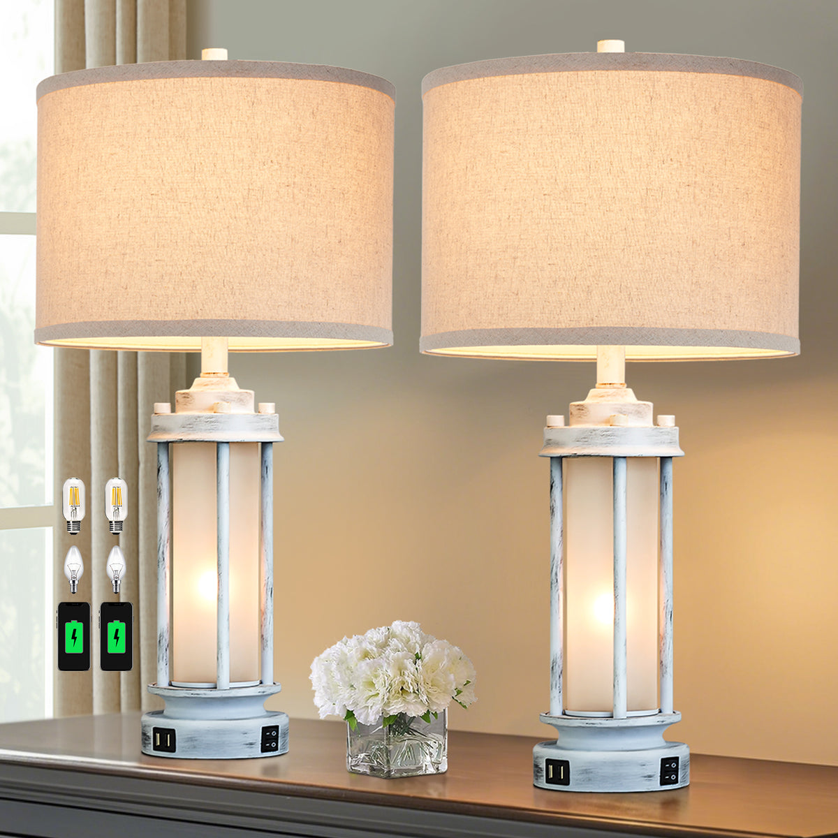 JUJUYUYOP 25"Modern Farmhouse-Style Living Room Table Lamps Set of 2, with Dual USB Charging Ports and Night Light, Ideal for Bedroom Nightstands and Entryways (Bulbs Included)